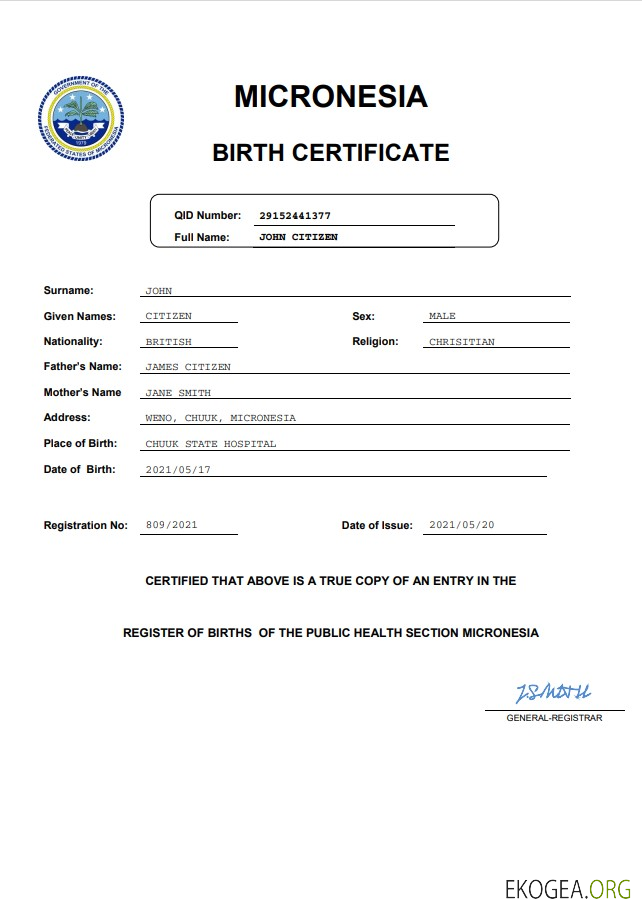 Acte d'état civil de Micronésie, modèle Word et PDF